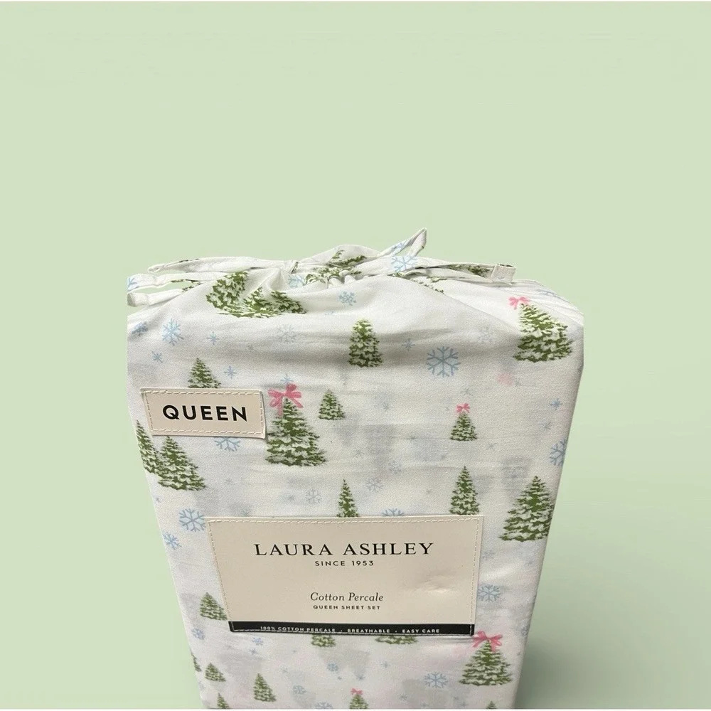 Laura Ashley Queen‎ Percale Sheet Set 100% Cotton Winter Wonderland Green Trees